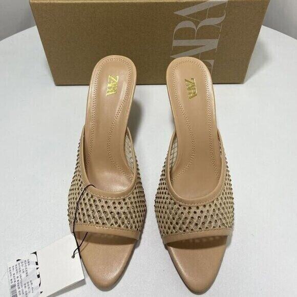 ZARA Embellished Mesh Slide Heels Nude Tan Size 8 NWT - Picture 13 of 16